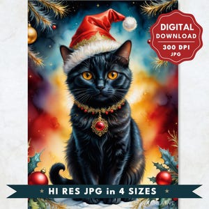 Arte de Natal de gato preto para fazer cartões e artesanato, clipart fofo de gatinho festivo de Natal, gráfico de IA de uso comercial de alta qualidade para amantes de gatos