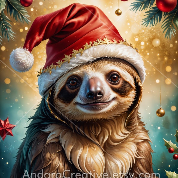 Cute Sloth Christmas graphic, Fun christmas card design, Sloth clipart high resolution Xmas image, High quality stock image, Commercial use