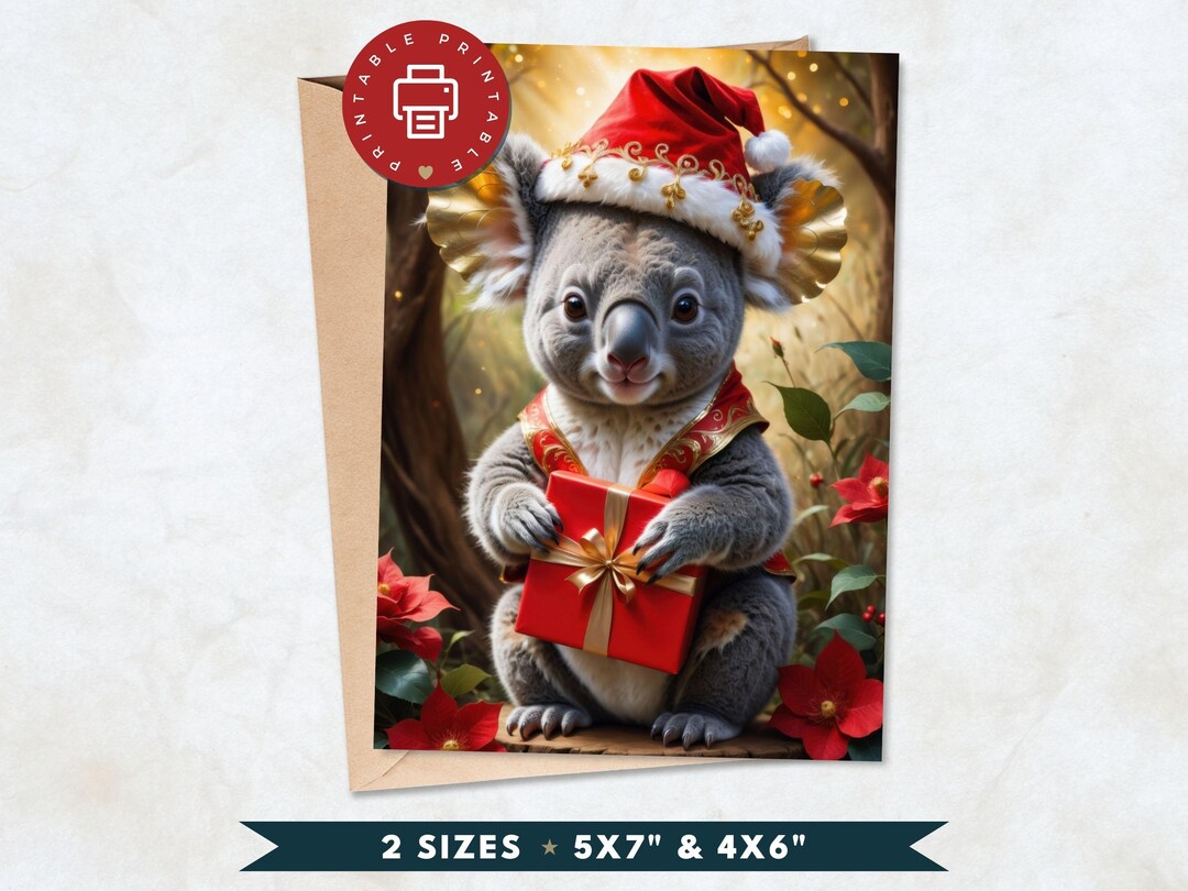 Cute Koala Santa PRINTABLE Christmas Cards, Aussie Animal Print at Home ...
