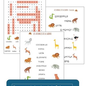 Könnte beinhalten: Ein farbenfrohes Arbeitsblatt mit einem Suchrätsel und einem Zuordnungsspiel mit Tieren aus der Savanne. Das Suchrätsel enthält die Wörter "cocodrilo", "hiena", "leon", "elefante", "tigre", "avestruz", "mono", "jirafa", "cebra" und "guepardo". Das Zuordnungsspiel zeigt Bilder eines Krokodils, einer Hyäne, eines Löwen, eines Elefanten, eines Tigers, eines Straußes, eines Affen, einer Giraffe, eines Zebras und eines Geparden.