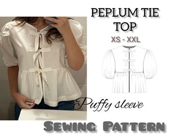 Patrón top peplum manga abullonada, patrón top con lazo, blusa con lazo delantero, patrón PDF de descarga instantánea