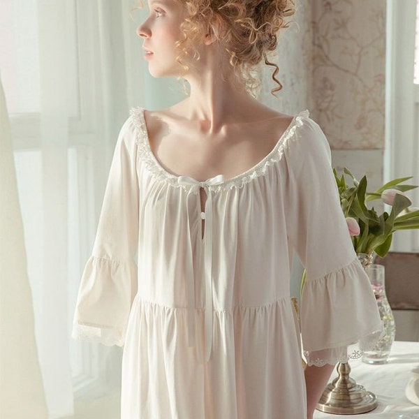 100 % pur coton, robe à manches longues, chemise de nuit victorienne, chemise de nuit vintage, robe de nuit à l'ancienne, robe de nuit vintage des années 1900