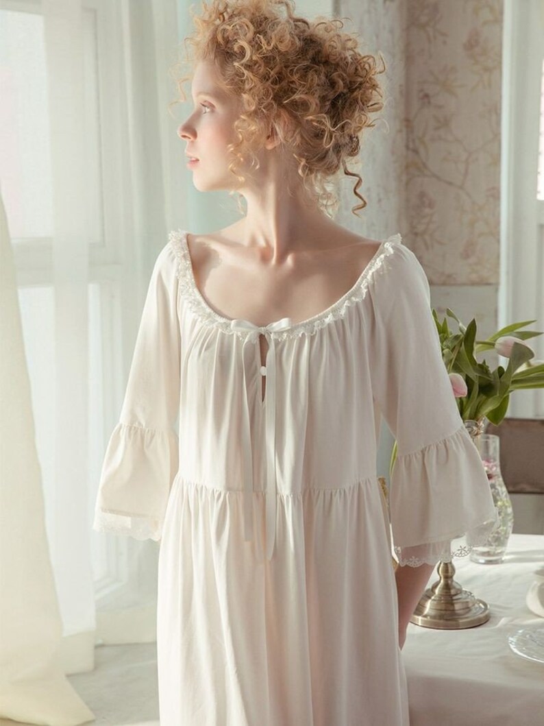 Long Sleeve White Cotton Gown Victorian Nightgown Vintage Etsy