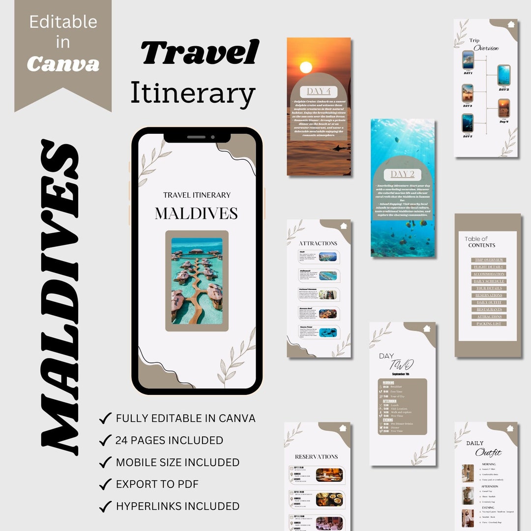 Travel Itinerary Maldives Template Travel Planner Canva Digital