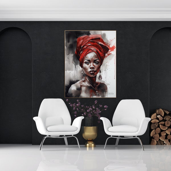 Luxury watercolour painting of a beautiful woman, printable wall art, Aesthetic black red, room decor, rich colours, living room wall decor