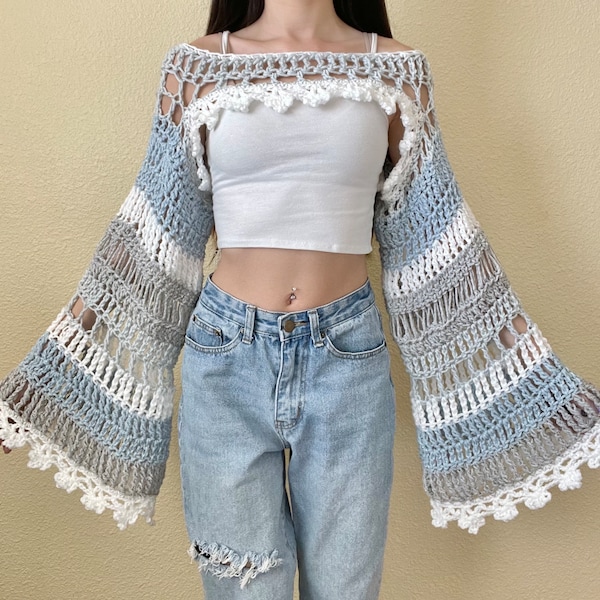 Crochet bolero shrug, mesh, handmade, sleeves, crochet, shruggie, fairycore, ice princess, winter