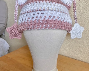 Crochet cat ear beanie, cat beanie, handmade, star girl, star, grunge, pink