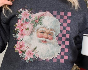 Pink Santa PNG Digital Download, Vintage Retro Vibes, Floral Checkered Santa Claus Sublimation Design, Instant Download