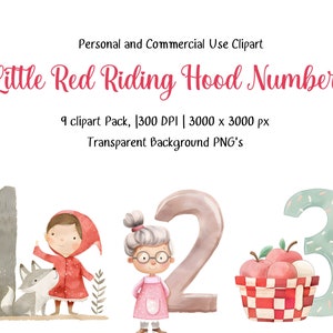 Clipart con numeri di Cappuccetto Rosso, PNG con numeri da fiaba, Clip art per il compleanno di una bambina, Grafica di libri di fiabe ambientata nel bosco, Conteggio stampabile per bambini