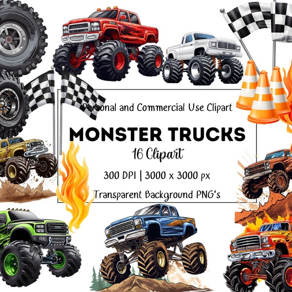 Monster Truck Clipart, Transparent Backgrounds, 16 PNG Bundle, Commercial Use, Scrapbooking and Card Making