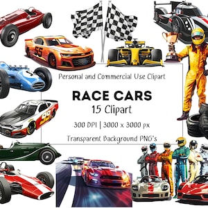 Clipart raceauto, transparante achtergronden, 15 png-bundel, commercieel gebruik, scrapbooking en kaarten maken
