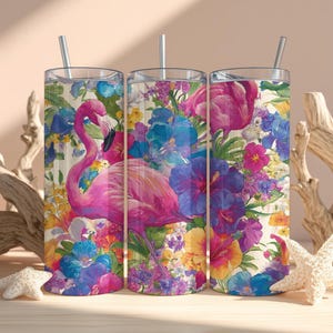 Floral Flamingo 20 oz Skinny Tumbler PNG, Sublimation Design Wrap, Instant Digital Download, DIY Craft Idea, Commercial Use File