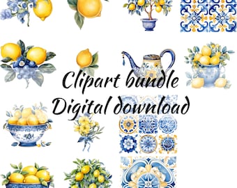 Citroenen en mediterrane clipart, citroenbomen en bloemen, Portugese azulejo keramische tegels, commerciële licentie, bruiloft uitnodiging zomer clipart