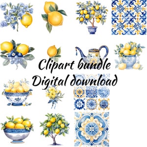 Citroenen en mediterrane clipart, citroenbomen en bloemen, Portugese azulejo keramische tegels, commerciële licentie, bruiloft uitnodiging zomer clipart