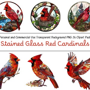 Roter Kardinal Glasmalerei-Stil Clipart | Lebendige Vogel Digital Download | Von Vogel Natur inspirierte PNGs für Kunsthandwerk und Dekor