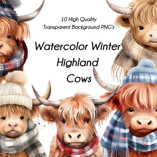 Highland Cows in Hats and Scarfs Clipart Bundle - Fun Winter Transparent Background PNG Designs for Personal and Commercial Use