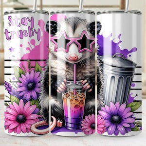 Vaso delgado de 20 oz con diseño de sublimación de Stay Trashy Opossum, descarga digital PNG, divertido vaso con efecto tie dye de Opossum