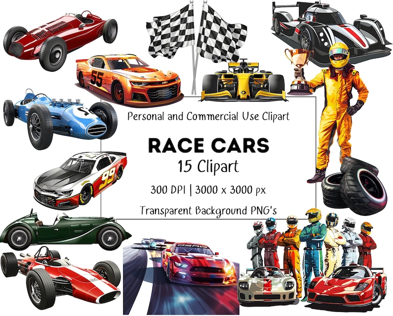 Race Car Clipart, Transparent Backgrounds, 15 PNG Bundle, Commercial ...