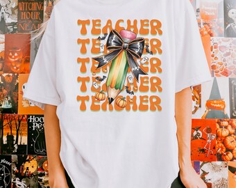 Halloween Teacher Pencil PNG, Spooky Cute Teacher Shirt Design, Fall Classroom Sublimation, Digital Download Gift for Teachers