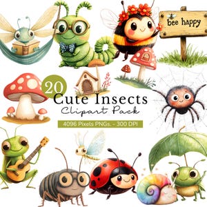 Clipart insecte mignon bogues lunatiques PNG, téléchargement numérique abeille coccinelle araignée, champignon mignon maisons Clip Art pour travaux manuels et décoration d'enfants