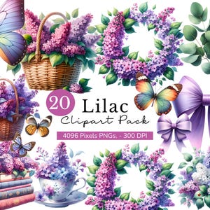 Imágenes prediseñadas de color lila, descargas digitales de flores vibrantes, flores de primavera en canasta, tazas de té y mariposas, diseño de sublimación de coronas de color lila