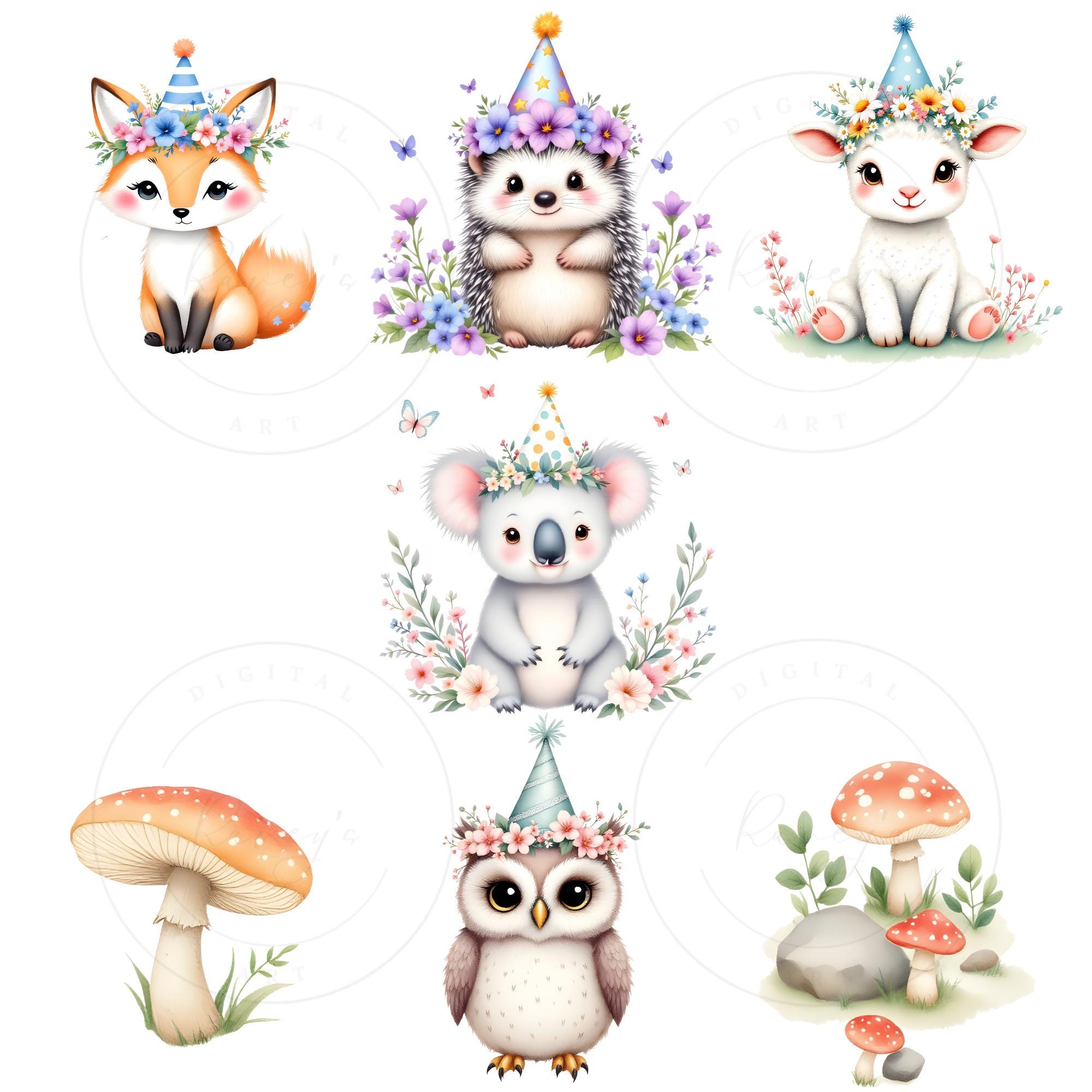 Cute Animal Birthday Party Clipart, Animals Birthday PNG Watercolor ...