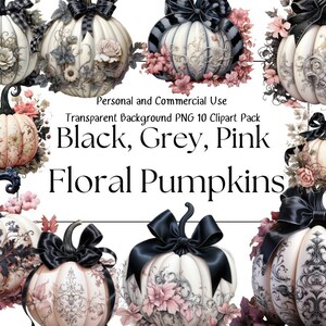 May include: Ten digital clipart images of white pumpkins with black, gray, and pink floral designs. The pumpkins have black bows and are decorated with intricate patterns.  Personal and Commercial Use. Transparent Background PNG 10 Clipart Pack. Black, Grey, Pink Floral Pumpkins.