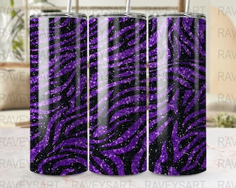 Purple Glitter Zebra Print 20 oz Skinny Tumbler Wrap PNG, Sparkly Animal Pattern Tumbler Wrap, Glamorous Zebra Tumbler Design, DIY Gift