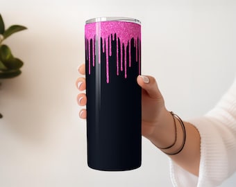 Pink Glitter Drip 20oz Skinny Tumbler Wrap: Black Background PNG Digital Download for Sublimation