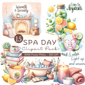 Aquarelle Spa Day Clipart 15 PNG Bundle Pack, soins personnels téléchargements numériques pour la détente, art numérique esthétique doux