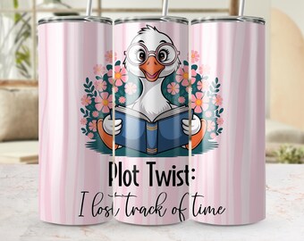 Silly Reading Goose 20 oz Skinny Tumbler Wrap PNG, Floral Striped Plot Twist Ho perso la cognizione del tempo Download digitale, Seamless Bookish Bird