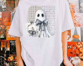 Spook digitale download, spookachtig seizoen ontwerp, spook met bloemen kunst, Halloween-graphics, schattige spook clipart, afdrukbaar sublimatiebestand