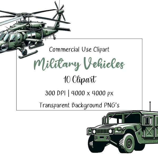 Military Vehicles Clipart Pack, 10 High-Quality PNG's, Patriotic Clipart, Instant Digital Download