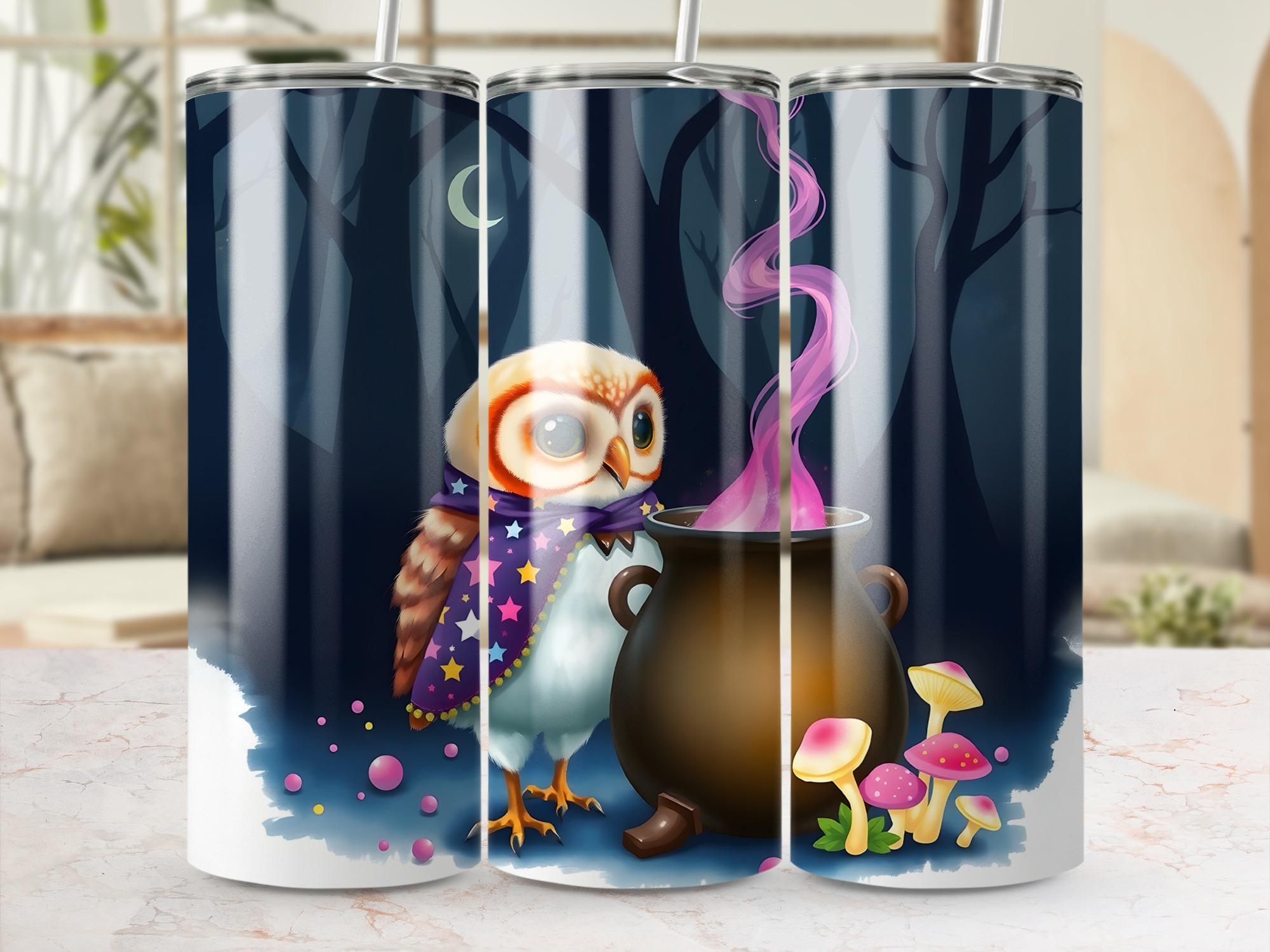 Magical Owl Tumbler Wrap PNG, Witchy Forest Cauldron Design, Fantasy Halloween Art, 20oz Skinny Wrap