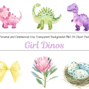 Clipart de aquarela de dinossauros, fundo transparente fofo de dinossauro para uso comercial PNG's, aniversário de menina dinossauro, berçário, clipart de chá de bebê