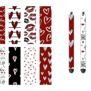 Puede incluir: Conjunto de diez diseños de bolígrafos diferentes con temática de San Valentín. Los bolígrafos son rojos, blancos y negros con varios patrones que incluyen corazones, labios y la palabra "love".
