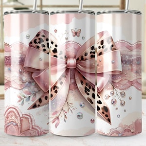 Coquette png 20 oz skinny Tumbler wrap, coquette roze luipaard strik sublimatie png, kanten sublimatiesjabloon, sublimatie digitale download
