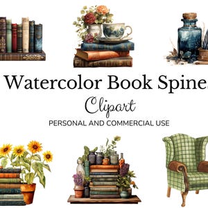 Set PNG di Watercolor Book Spine Bundle, download digitale istantaneo, libri vintage, fantasy, clipart, artigianato digitale con carta, uso commerciale