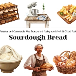 Clipart zuurdesembrood, illustraties ambachtelijk eten, perfect voor bakkerijbranding, menuontwerpen en foodblogs, commercieel gebruik toegestaan