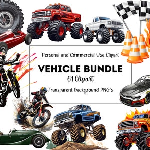 Monstertruck, Dirt Bikes und Rennwagen Clipart Bundle, 61 PNGs mit transparenten Hintergründen, kommerzielle Nutzung, Scrapbooking und Kartenherstellung