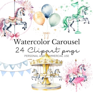 Watercolor Carousel Pony Clipart, Light Blue Pink Yellow Green Baby Shower Nursery PNGs, Transparent Background Scrapbooking Designs