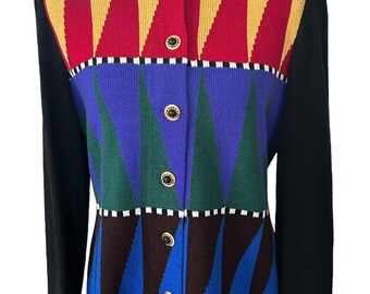 VTG Toula Sz 10 Pull Cardigan Pour Femme, Bloc De Couleurs Rétro, Géométrique, Années 80, Etats-Unis