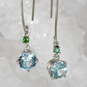 Blue Zircon and Tsavorite Platinum Earrings | French Wire Dangles, Precision US Faceting, 6mm Round