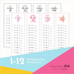 Puede incluir: Hojas de trabajo de multiplicación para los números 1-12. Cada hoja de trabajo está codificada por colores y presenta problemas de multiplicación. Las hojas de trabajo están diseñadas con fines educativos y contienen el texto "MagicPaperKids Make Learning Magical."