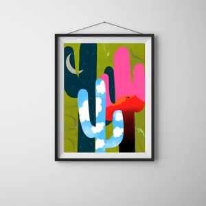 arte occidental, arte de cactus, impresión de arte boho, impresión de pared divertida