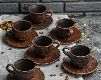 Handmade Ceramic Coffee Set of 6 Clay Espresso Cups with Saucers Traditional Ukrainian Pottery Rustic Kitchen Decor Gift for Coffee Lovers