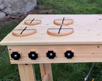 DIY Mud Kitchen Accessory Set - Engraved Wooden Burners & Black Knobs - Montessori Outdoor Play Kitchen Parts - Sensory Garden Toy  Set of 8