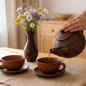 May include: A dark brown clay teapot pouring tea into a matching cup on a saucer, with an identical empty cup and saucer set nearby, a dark brown clay vase filled with white, yellow, and purple wildflowers, all on a light brown fabric runner.
