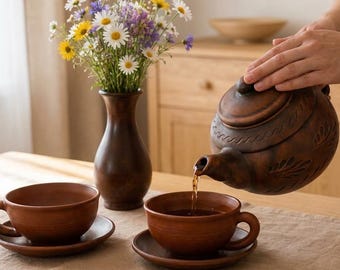 Handmade Ceramic Tea Set with Vase, Pottery Teapot 900ml, 2 Clay Cups, Rustic Terracotta Tea Service, Housewarming Gift, Cottagecore Decor