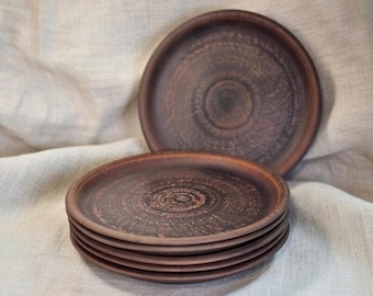Rustic Ceramic Dinner Plates Set, Farmhouse Dinnerware, Dark Ceramic Plate, Stoneware Plate Set of 2 4 6, Kitchen Dining Plate